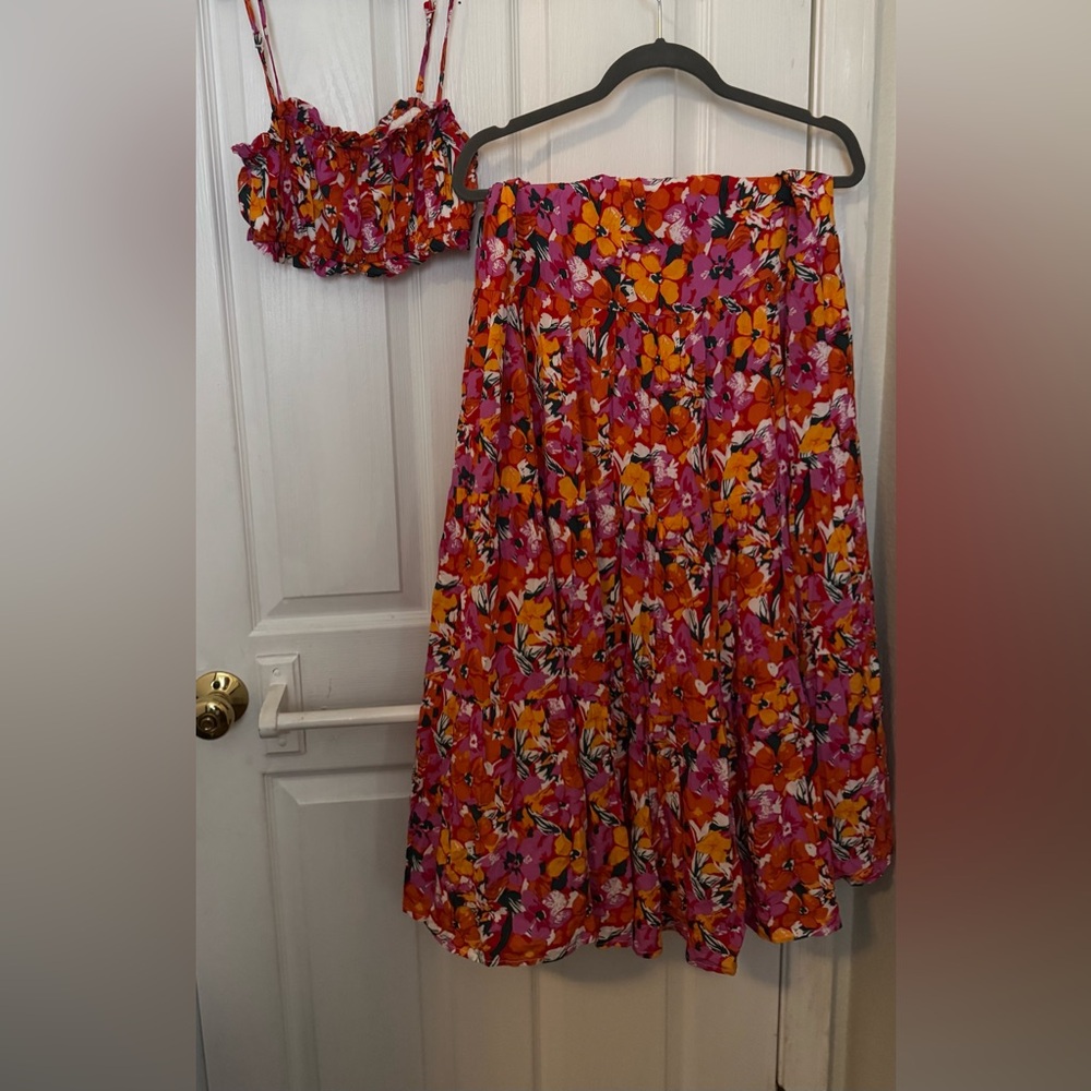 Petal & Pup Pink Orange Floral Maxi Skirt with Crop Top Set